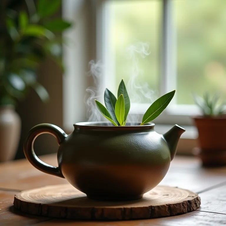 Folhas de oliveira frescas sendo preparadas em uma chaleira de cerâmica