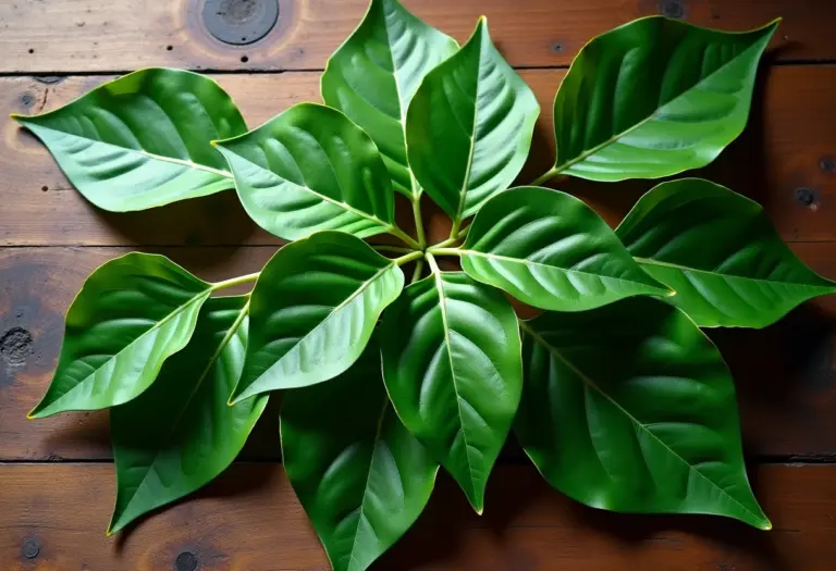 Folhas de Ora Pro Nóbis dispostas em mesa de madeira rústica