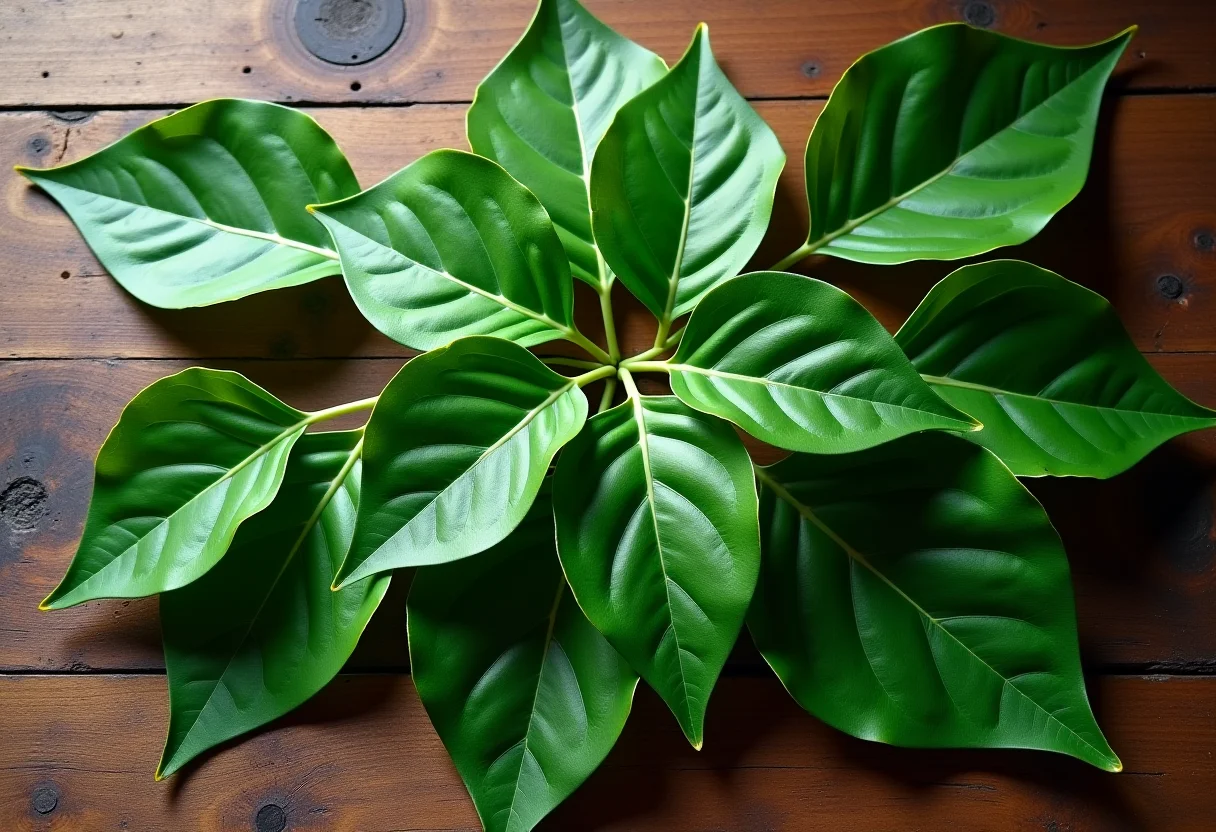 Folhas de Ora Pro Nóbis dispostas em mesa de madeira rústica