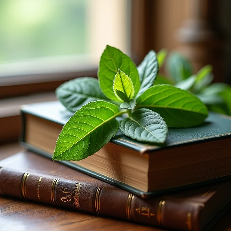 Folhas de sálvia fresca e livros antigos sobre ervas medicinais