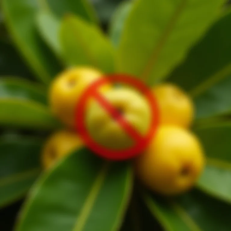 Folhas e polpa de tamarindo com sinal de 'pare', indicando quando evitar o chá