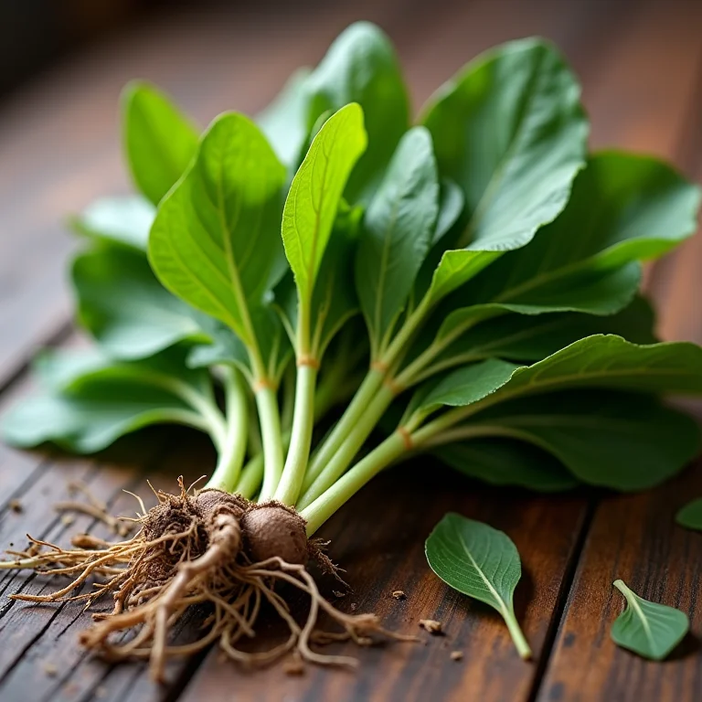 Folhas e raízes frescas de dente-de-leão.