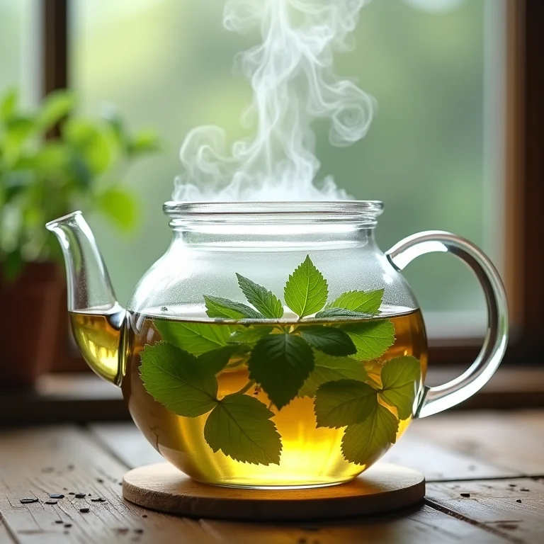 Folhas frescas de erva cidreira em infusão em bule de vidro transparente, vapor subindo.