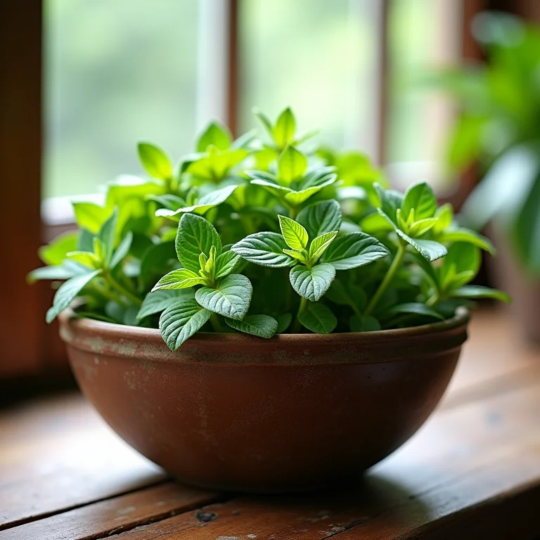 Folhas frescas de erva cidreira em uma tigela de cerâmica rústica.