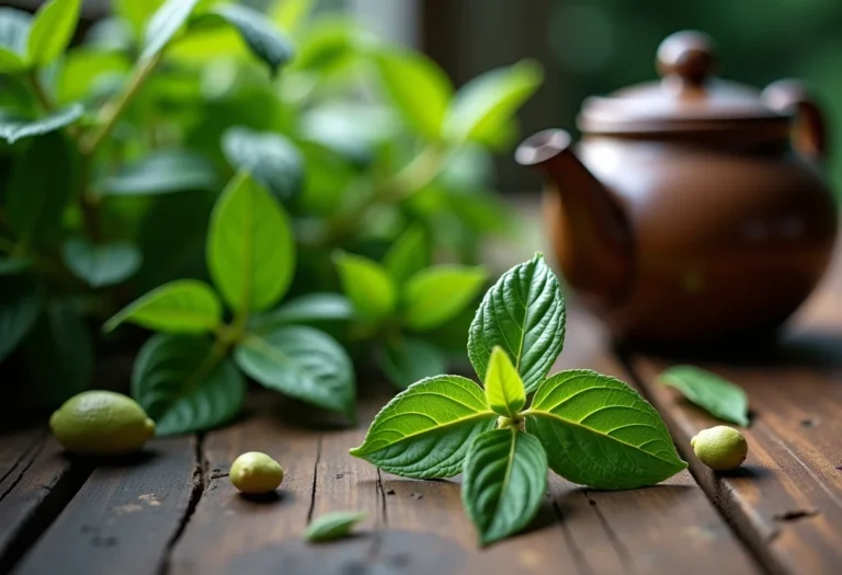 Folhas frescas de erva cidreira espalhadas sobre mesa de madeira rústica com bule de cerâmica vintage ao lado.