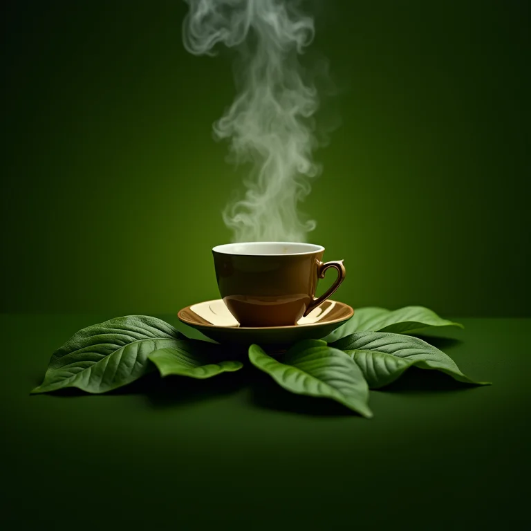 Folhas frescas de guaco emoldurando uma xícara fumegante de chá, destacando suas propriedades medicinais.