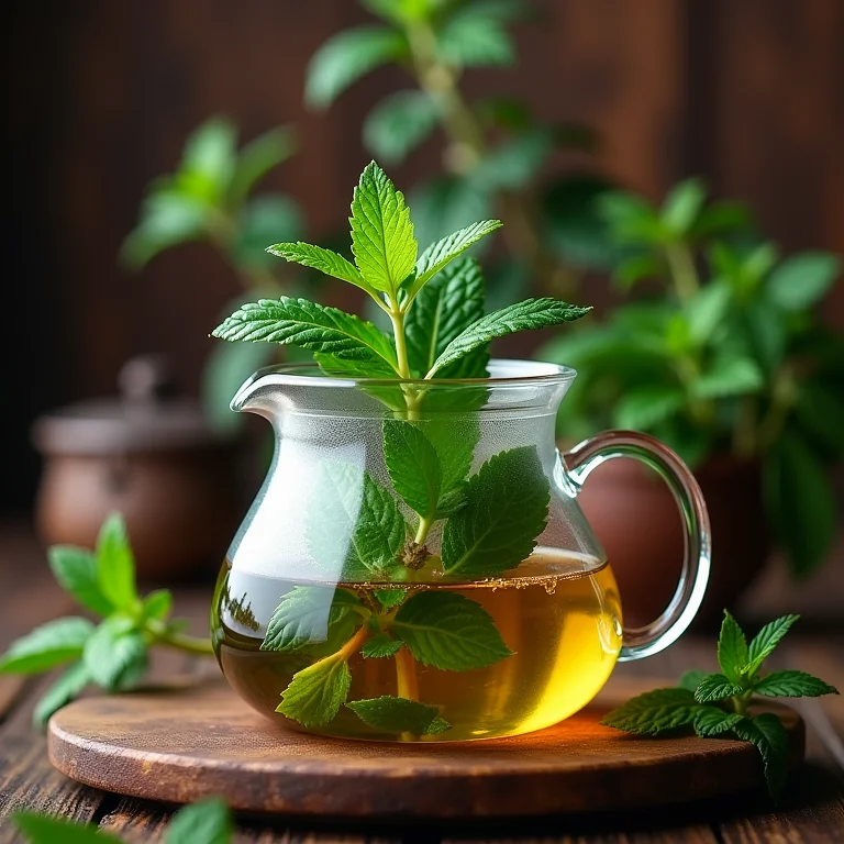 Folhas frescas de hortelã-pimenta em infusão em bule de vidro.