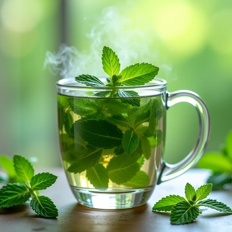 Folhas frescas de hortelã-pimenta em infusão numa caneca de vidro.