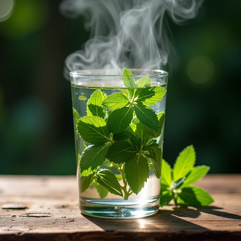 Folhas frescas de melissa em infusão em copo de vidro