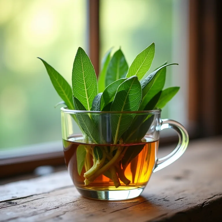 Folhas frescas de sálvia em infusão em copo de vidro.