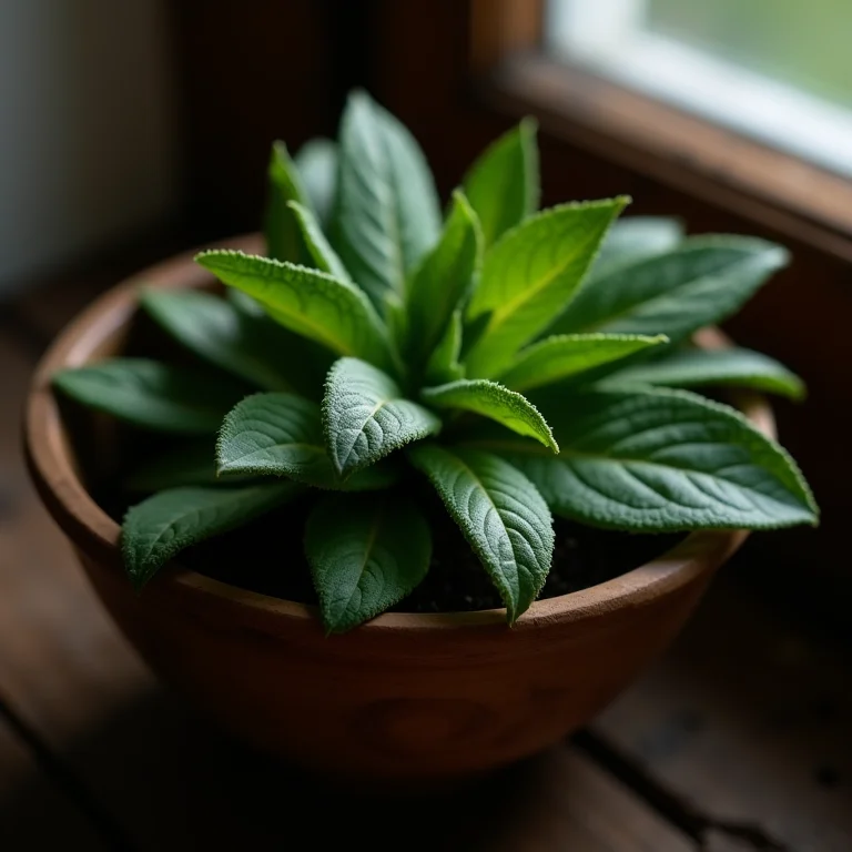 Folhas frescas e secas de sálvia em tigela de madeira rústica.