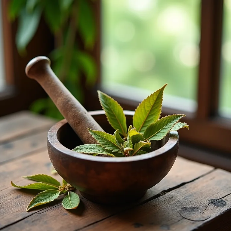 Folhas secas de Assa Peixe em um pilão de madeira