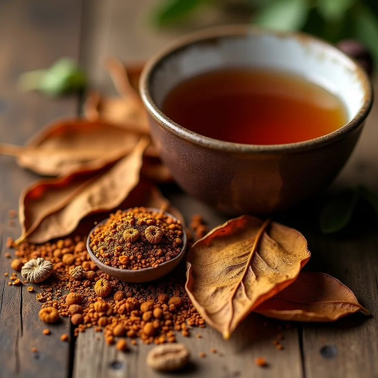 Folhas secas de boldo e chá de boldo recém preparado.