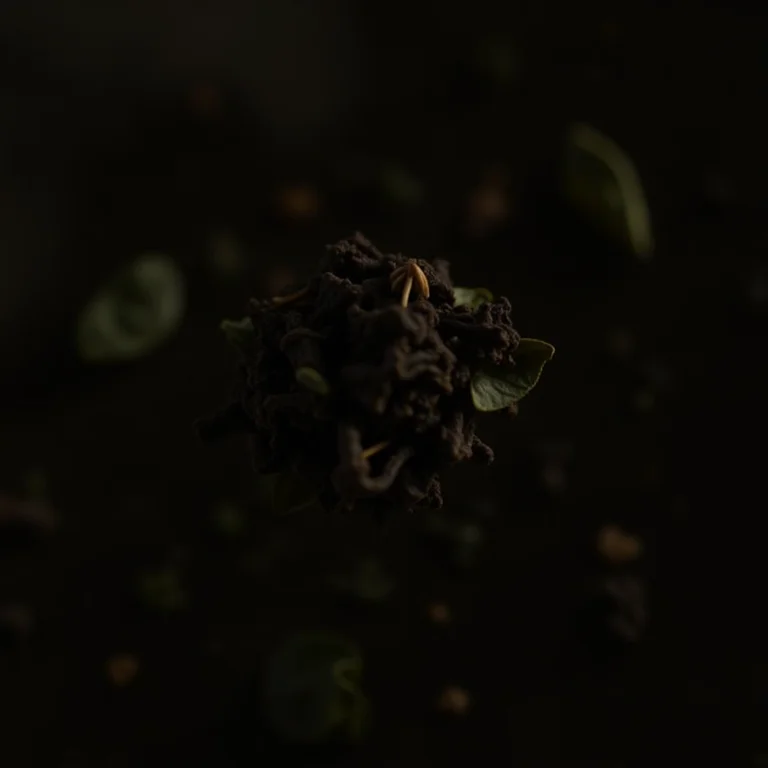 Folhas secas de chá preto (Camellia sinensis) em close-up.