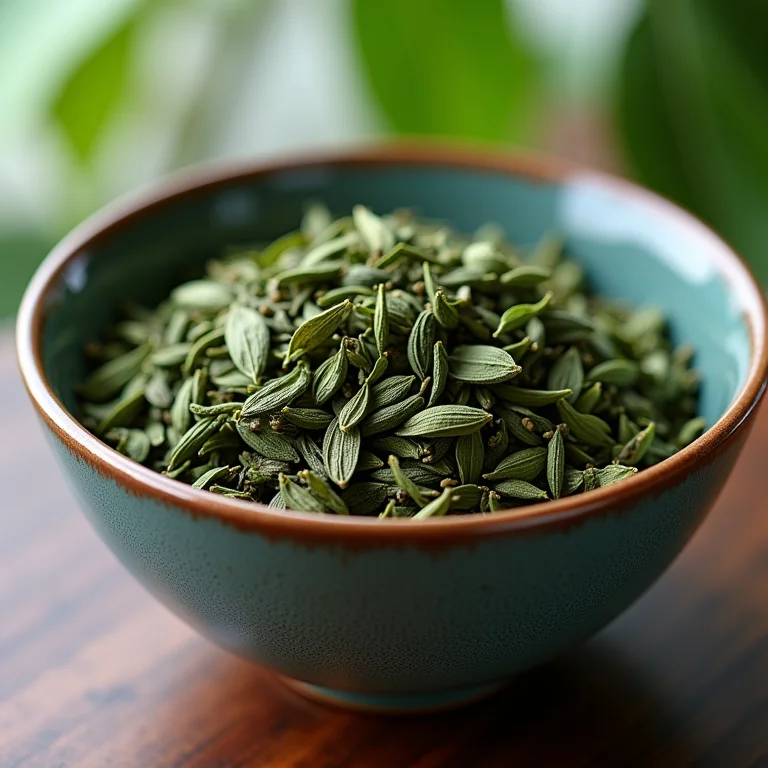 Folhas secas de chá verde em tigela de cerâmica.