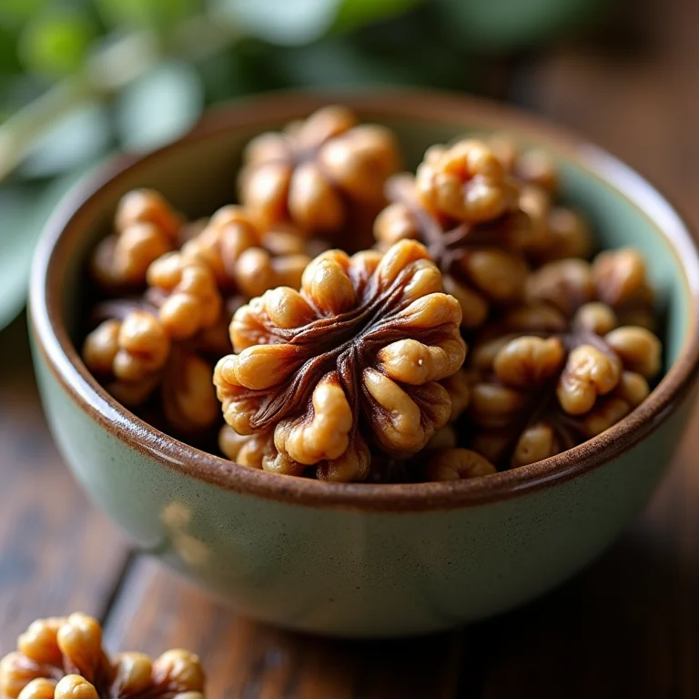 Folhas secas de nogueira em tigela de cerâmica vintage