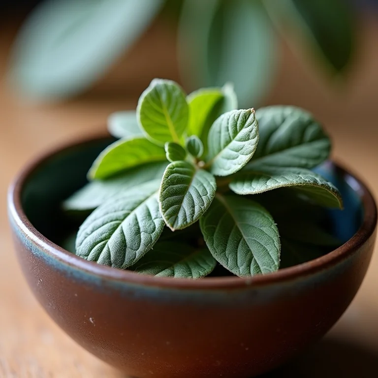 Folhas secas de sálvia em tigela de cerâmica