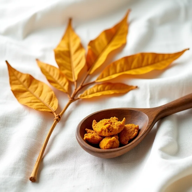 Folhas secas de sene dispostas sobre tecido de linho.