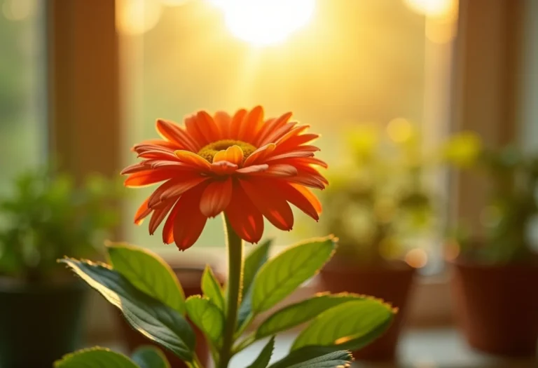 Folhas verdes vibrantes de arruda sob a luz suave da janela