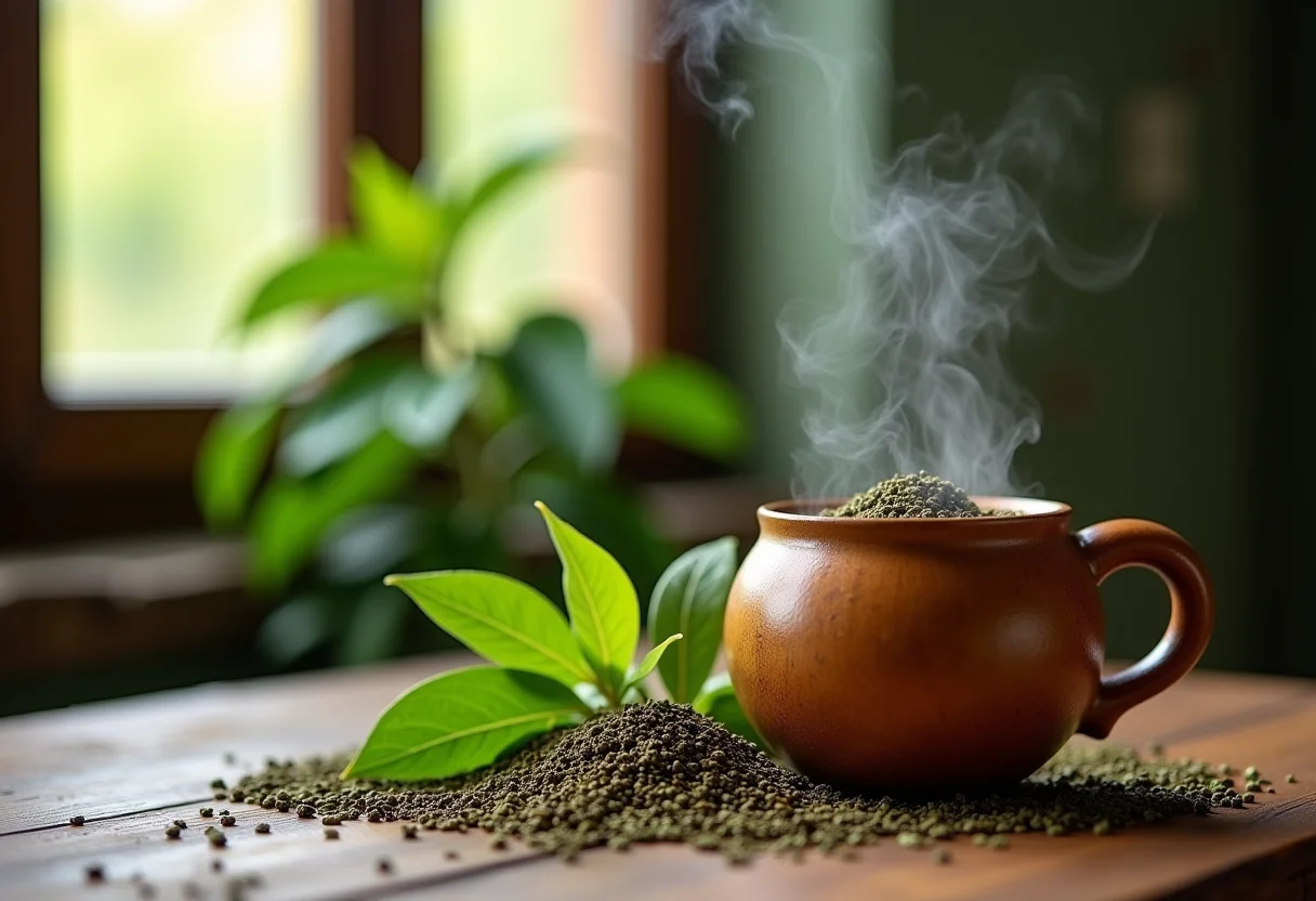 Fotografia de erva mate e cuia de chimarrão com detalhes da textura da planta.