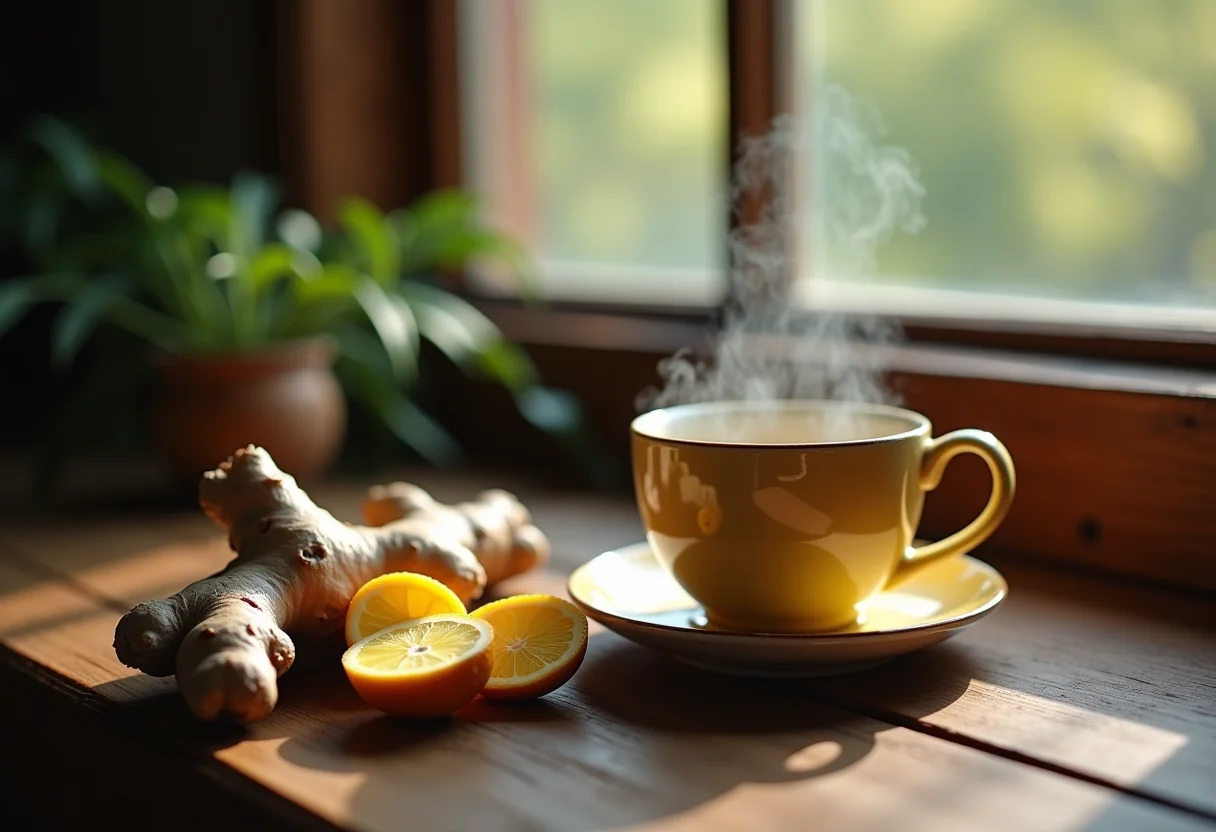 Fotografia macro de fatias de gengibre e xícara de chá fumegante em mesa de madeira rústica.
