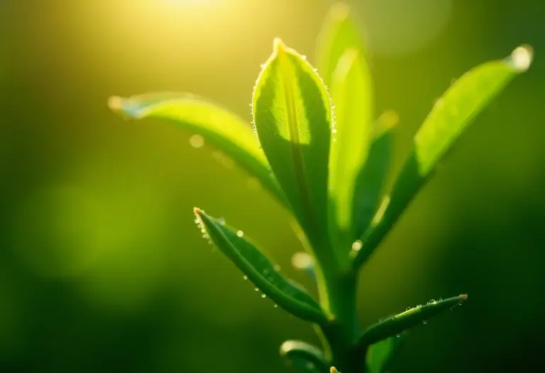 Fotografia macro de uma planta de arruda vibrante.