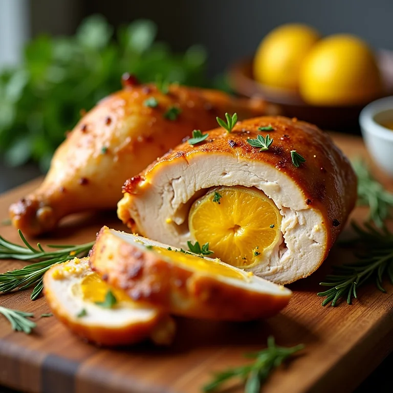 Frango assado com açafrão, pele dourada e ervas frescas