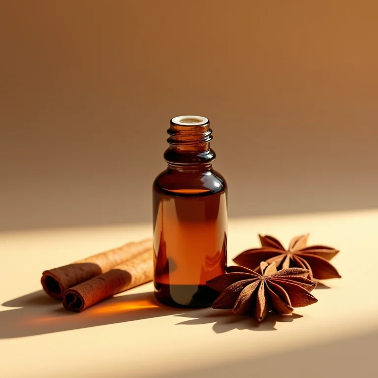 Frasco de óleo essencial de canela com paus de canela e anis estrelado ao redor.