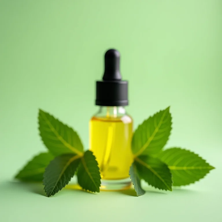 Frasco de óleo essencial de hortelã com folhas frescas