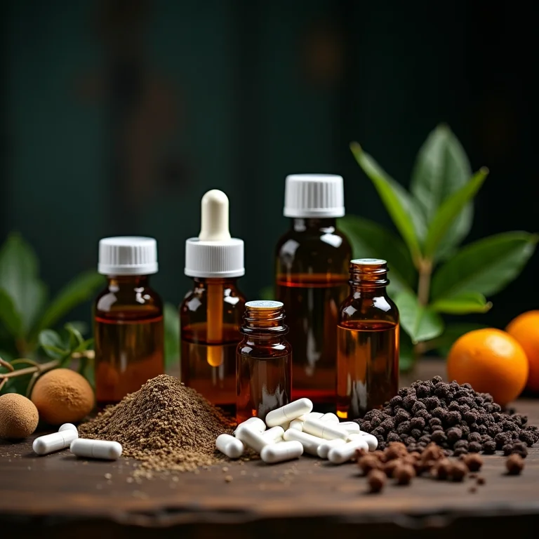 Frascos de remédios e ingredientes de chá em mesa de madeira, representando interação medicamentosa