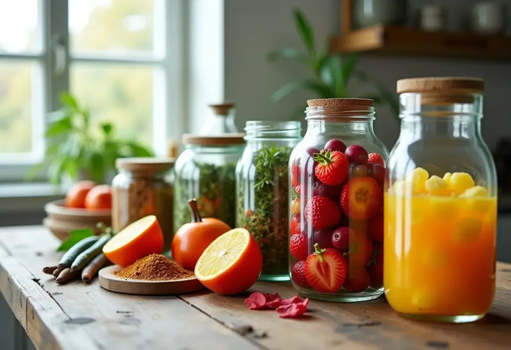 Frascos de vidro com frutas, ervas e especiarias coloridas em infusão.