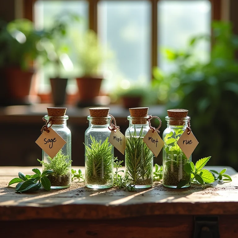 Frascos de vidro contendo diferentes ervas, incluindo arruda.