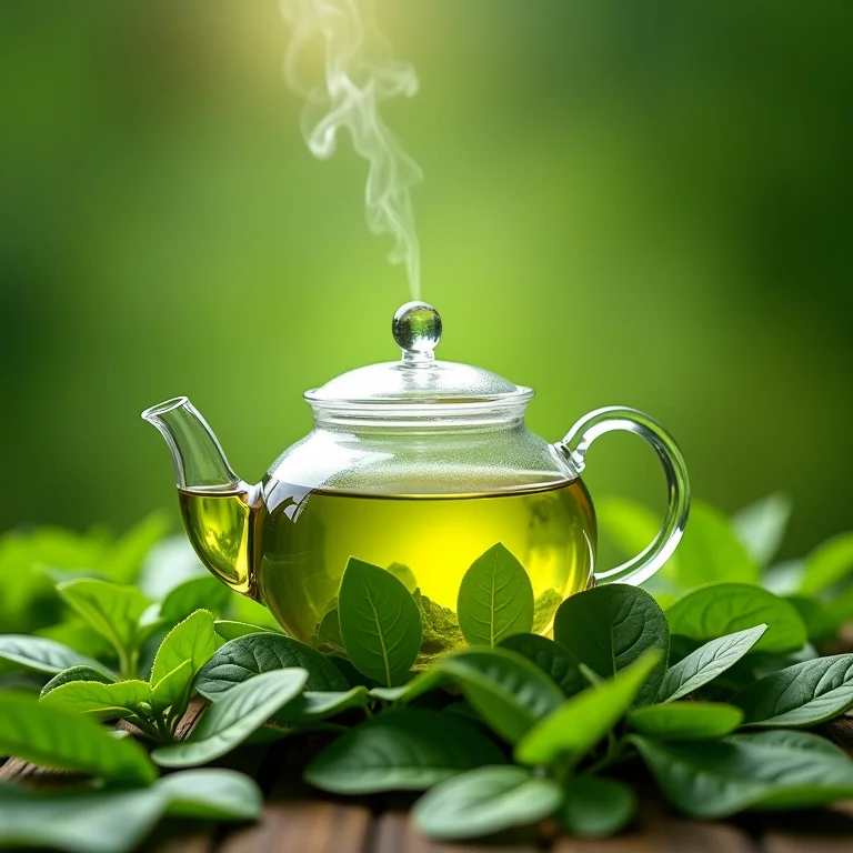Frescor do chá verde recém preparado em bule de vidro.