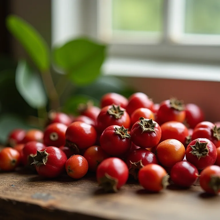 Frutos de rosa silvestre sobre superfície de madeira.