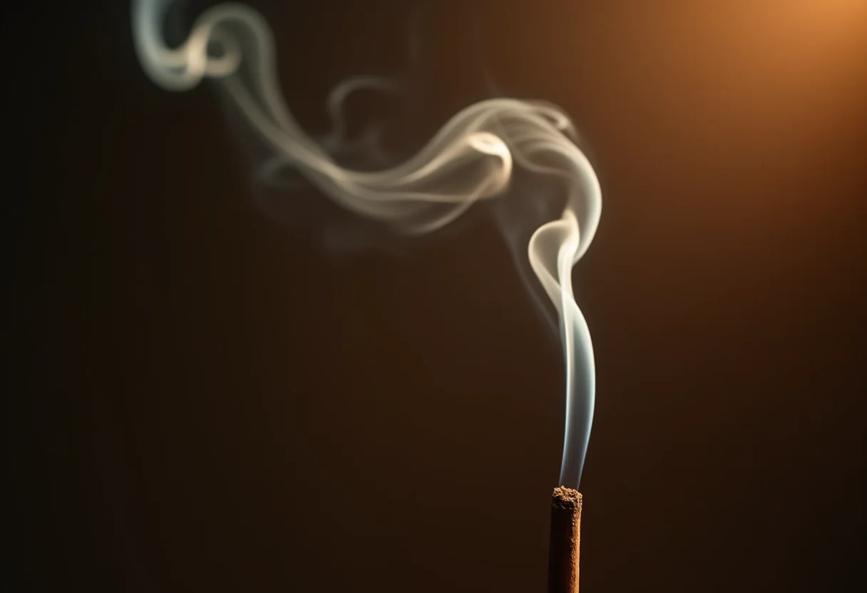 Fumaça de incenso espiralando ao redor de um bastão aceso