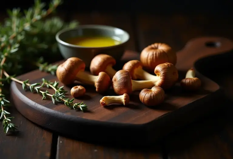 Funghi seco em uma tábua de madeira com azeite e ervas
