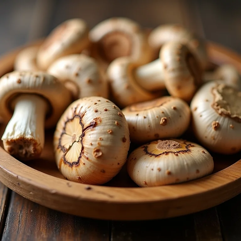 Funghi Shiitake seco em bandeja de bambu