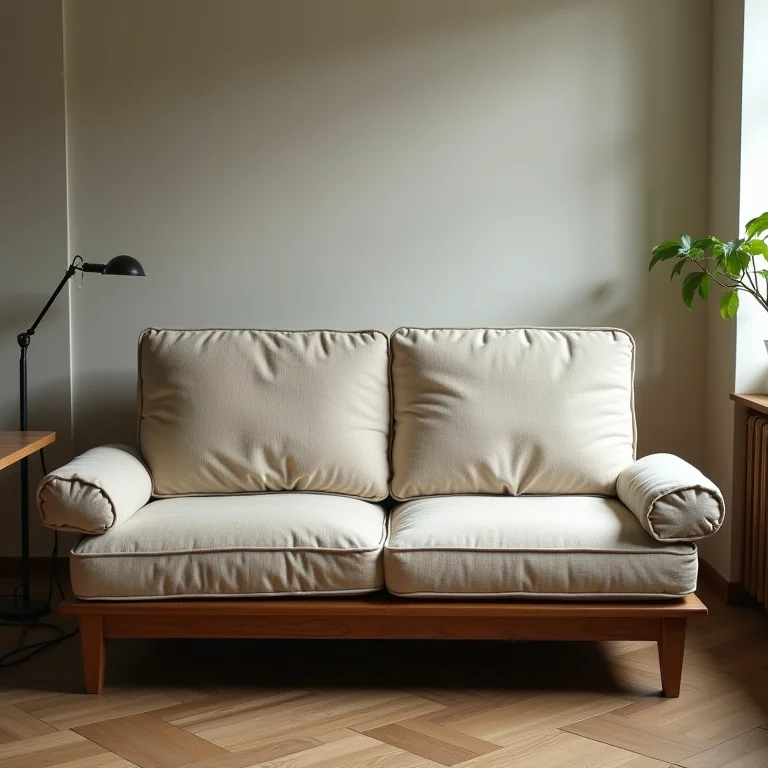 Futon de baixa qualidade mostrando sinais de desgaste e estofamento gasto.