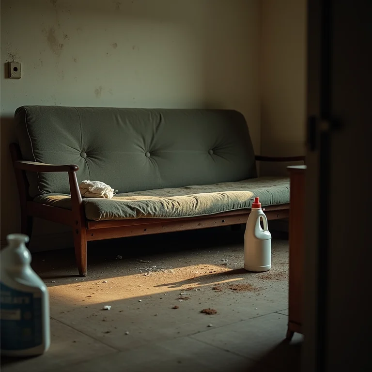 Futon sujo e empoeirado, simbolizando a falta de higiene e manutenção.