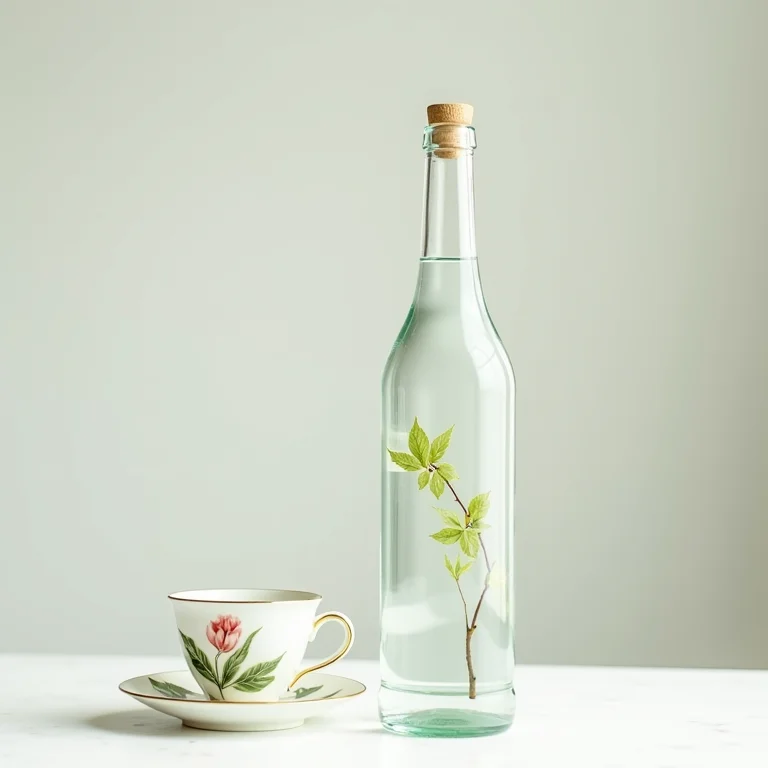 Garrafa de água mineral e xícara de chá de porcelana.