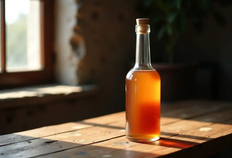 Garrafa de arruda com pinga sobre mesa de madeira rústica.