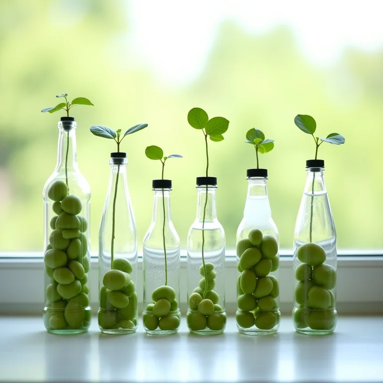 Garrafas PET com diferentes estágios de crescimento de feijão