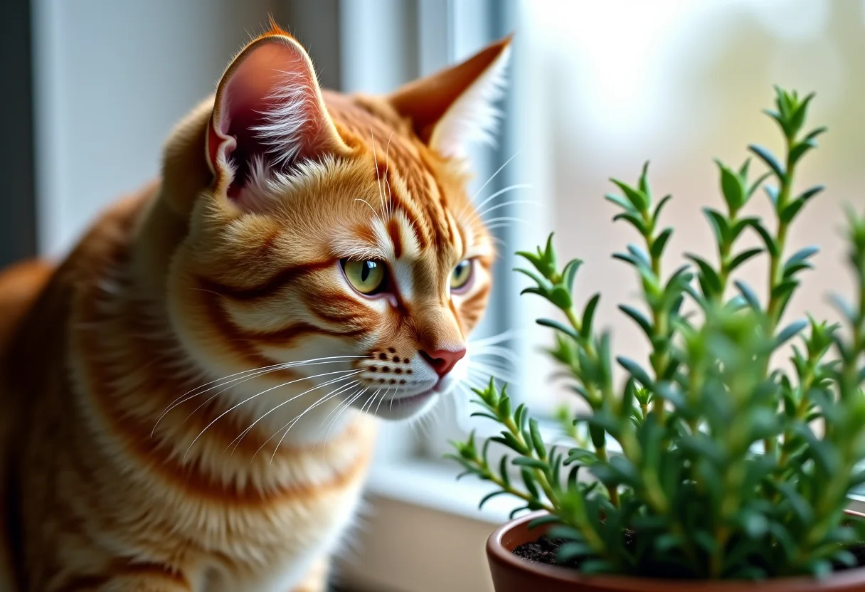 Gato cheirando plantas com arruda escondida, representando o perigo da toxicidade