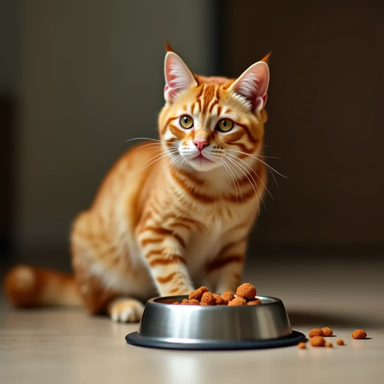 Gato com sintomas de náusea perto da tigela de comida