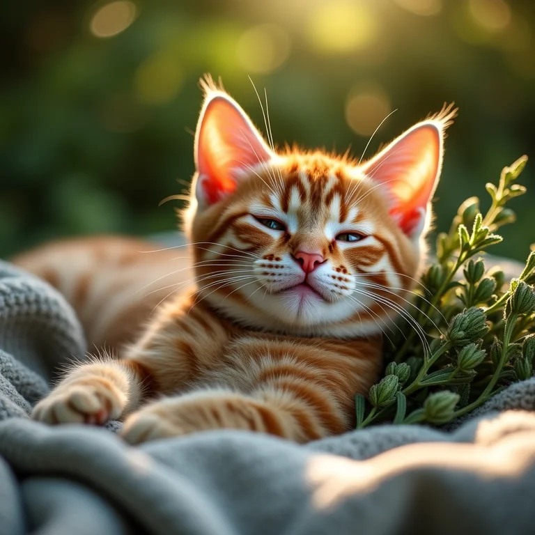 Gato relaxando em manta com catnip fresco ao redor