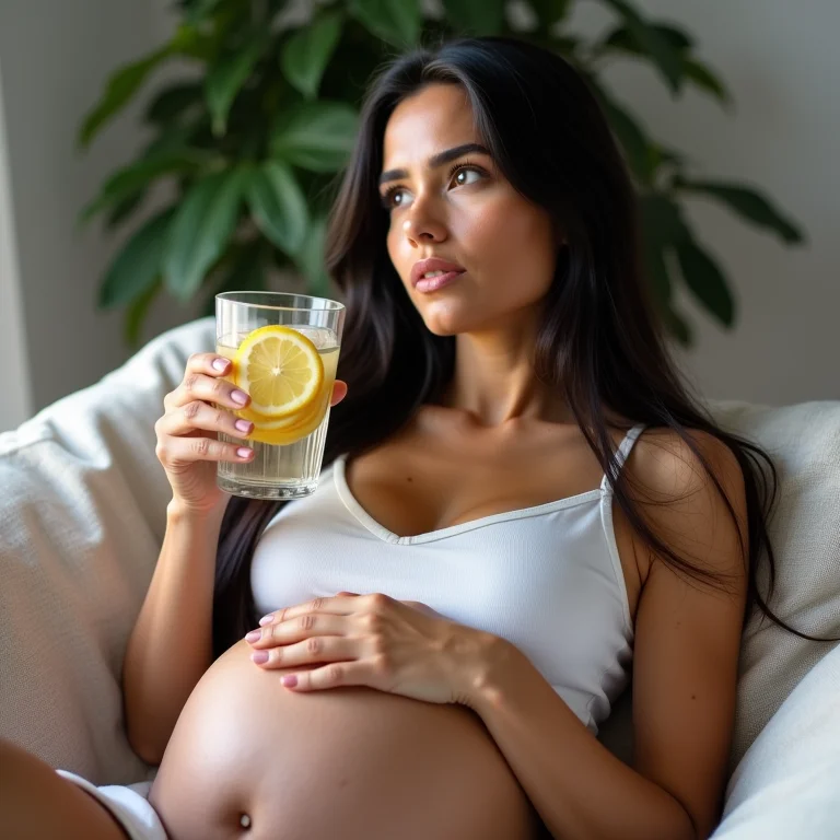 Gestante brasileira preocupada com copo de água e limão.