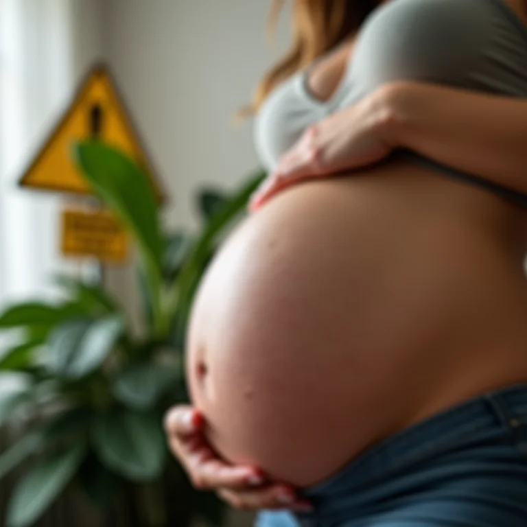 Gestante perto de arruda com placa de cautela