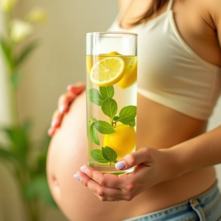 Gestante se hidratando com água saborizada, uma alternativa saudável ao álcool na gravidez.