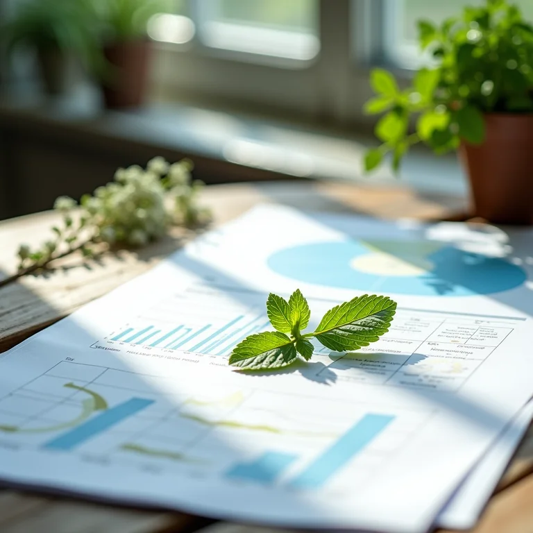 Gráficos e relatórios científicos com ramos de ervas frescas