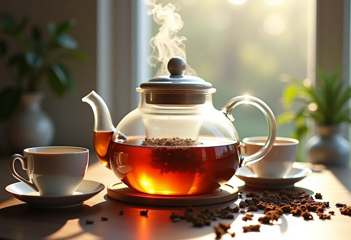 Grande bule de vidro com chá fumegante.